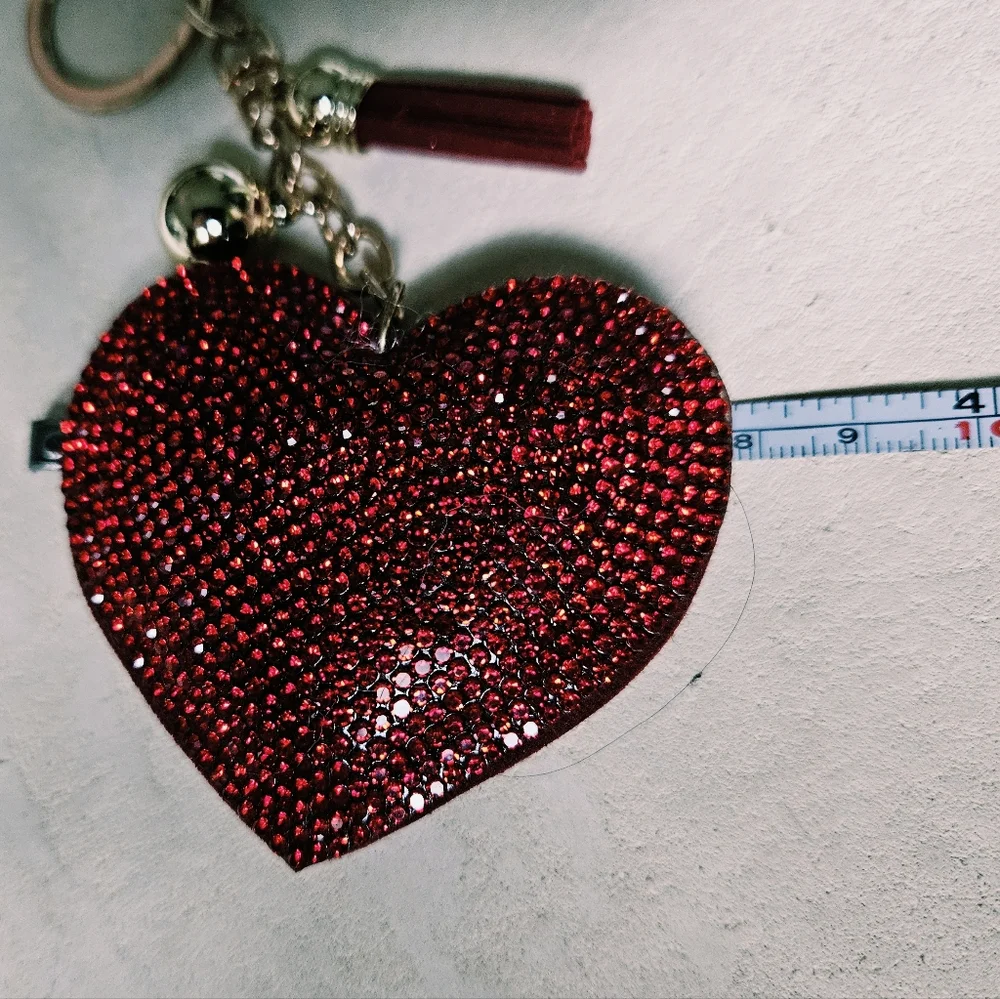 Red Rhinestone Bling Heart Keychain Purse Charm with Tassel & Gold Ball -16